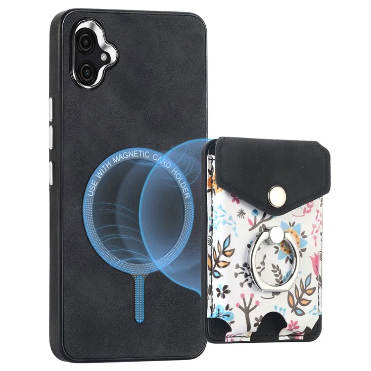E3 For Samsung Galaxy A05 4G Magnetic Case Rotary Ring Holder Phone Cover Card Bag - Black