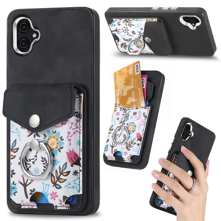 E3 For Samsung Galaxy A05 4G Magnetic Case Rotary Ring Holder Phone Cover Card Bag - Black