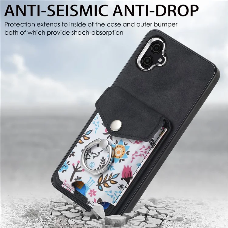 E3 For Samsung Galaxy A05 4G Magnetic Case Rotary Ring Holder Phone Cover Card Bag - Black