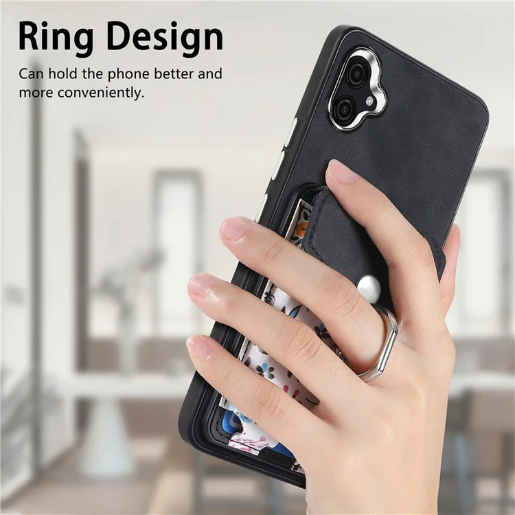E3 For Samsung Galaxy A05 4G Magnetic Case Rotary Ring Holder Phone Cover Card Bag - Black