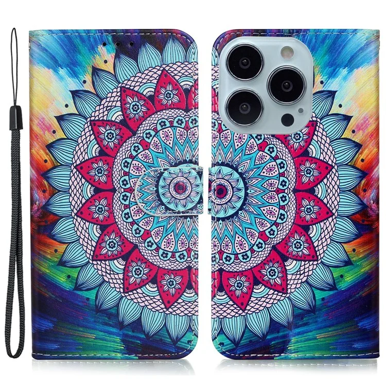 Para iPhone 16 Pro Case Stand Wallet Leather Phone Cover Magnetic Clasp Pattern Printed - Mandala Flower