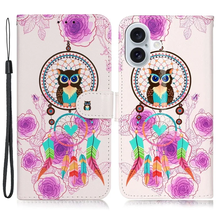 Für iPhone 16 Plus Case Pattern Design Flip Leather Phone Cover mit Gurt - Wind Chime Eule
