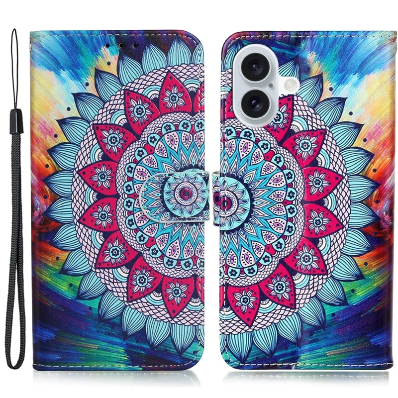 For iPhone 16 Plus Case Pattern Design Flip Leather Phone Cover with Strap - Mandala Flower