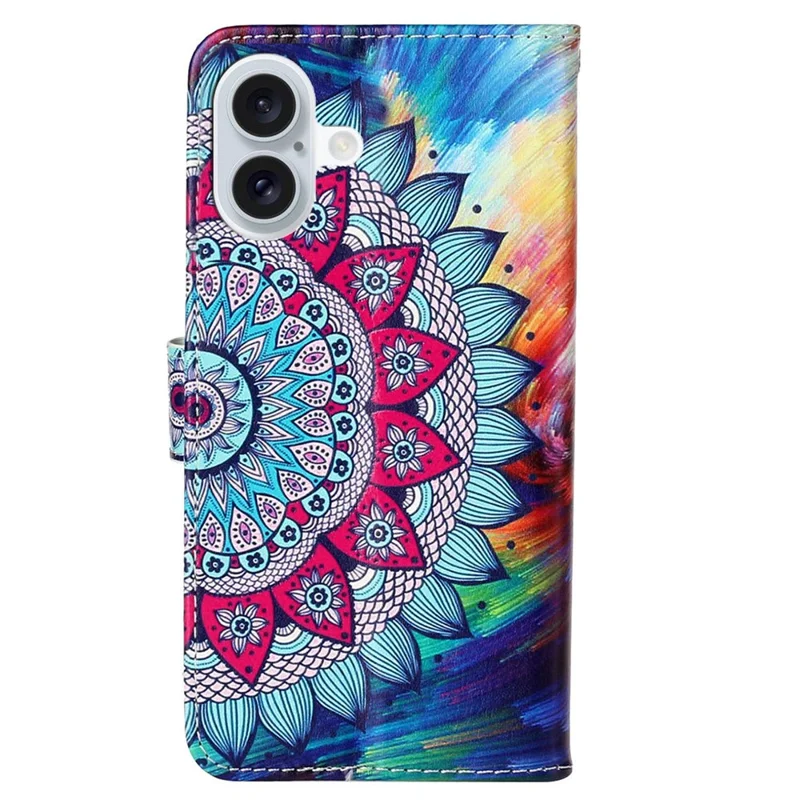 For iPhone 16 Plus Case Pattern Design Flip Leather Phone Cover with Strap - Mandala Flower