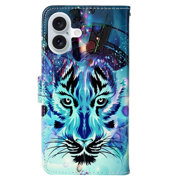 For iPhone 16 Case Leather Card Slot Holder Flip Phone Cover Pattern Printing - Wolf