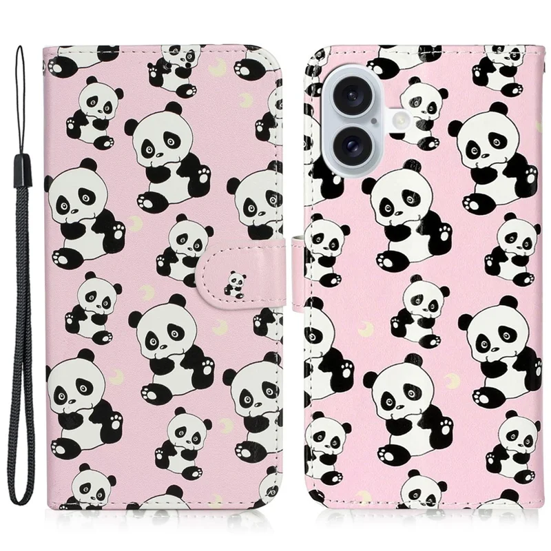 For iPhone 16 Case Leather Card Slot Holder Flip Phone Cover Pattern Printing - Panda