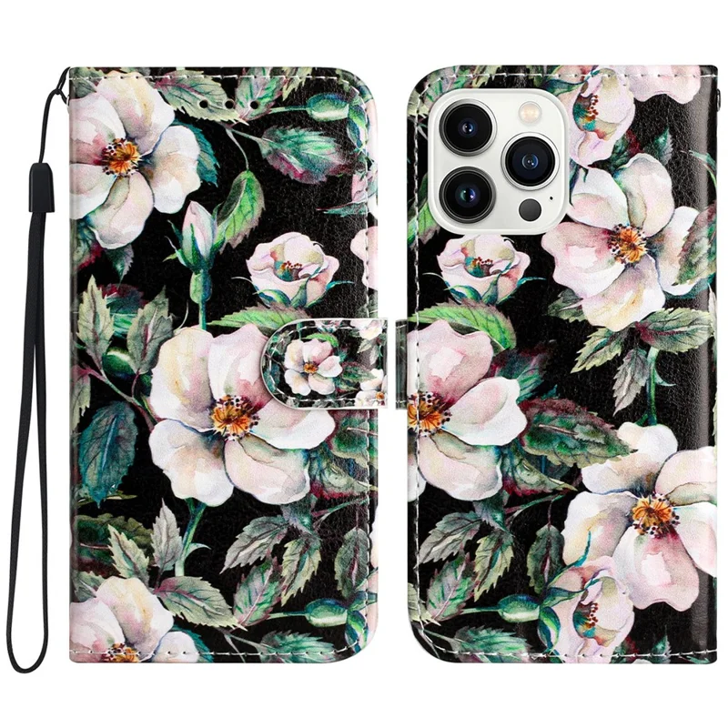 Para iPhone 16 Pro Case Pattern Leather Phone Folio Cover com Slots de Cartão e Suporte de Visualização - Magnólia