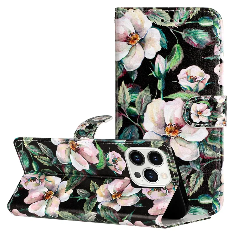 Para iPhone 16 Pro Case Pattern Leather Phone Folio Cover com Slots de Cartão e Suporte de Visualização - Magnólia