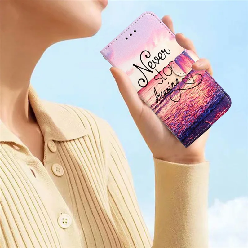 For iPhone 16 Plus Leather Case Pattern Printed Wallet Flip Phone Cover - Never Stop Dreaming