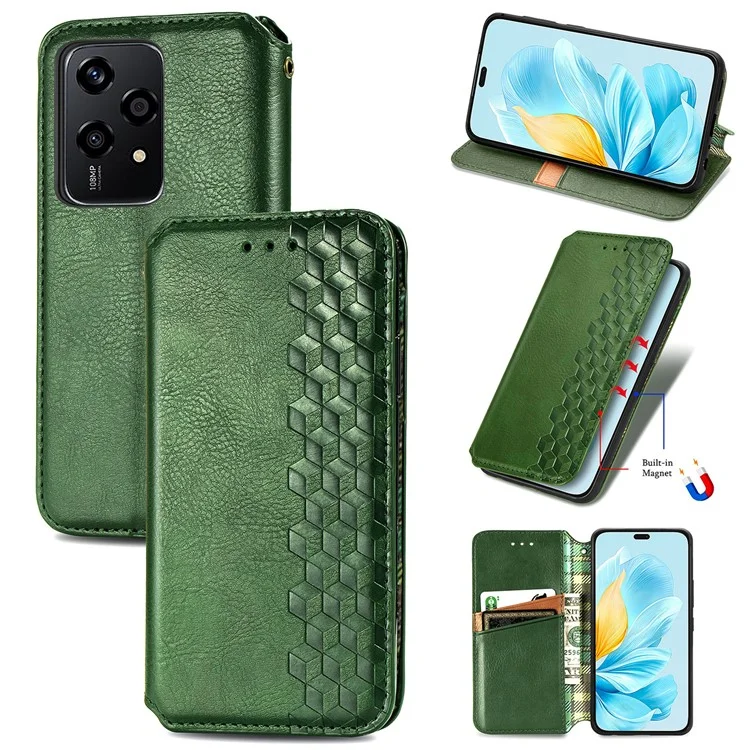 For Honor 200 Lite Case Rhombus Wallet Leather Phone Cover Stand View - Vert