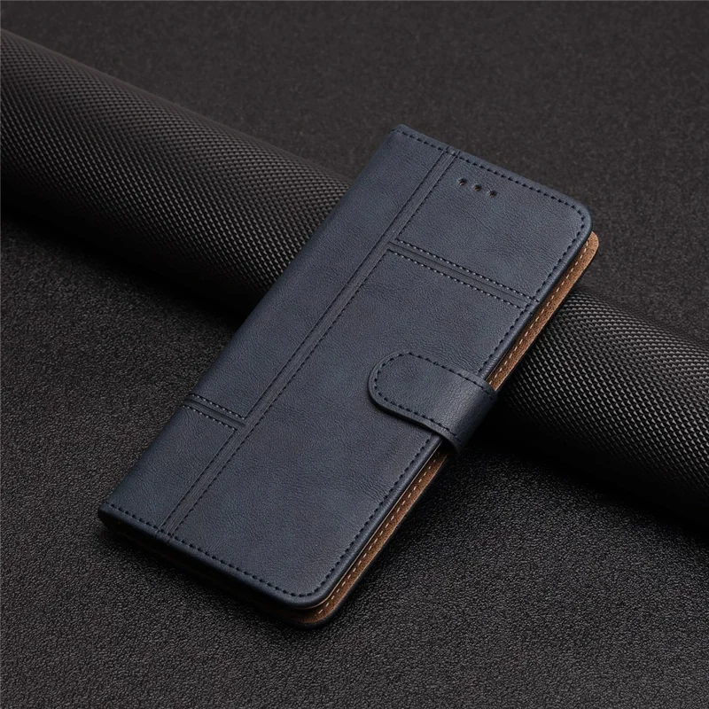 Per iPhone 16 Pro Case Viewing Stand PU Leather Phone Cover Line Imprinted - Blu