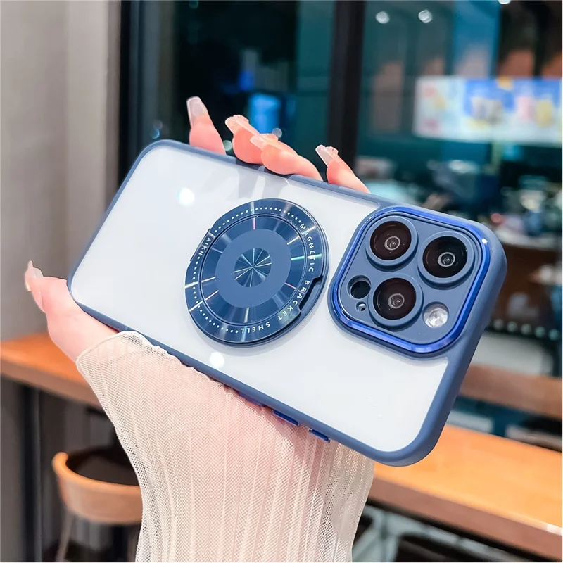 For iPhone 15 Pro Max Magnetic Case PC+TPU Phone Cover Rotating Metal Kicktand, Lens Protector - Blue