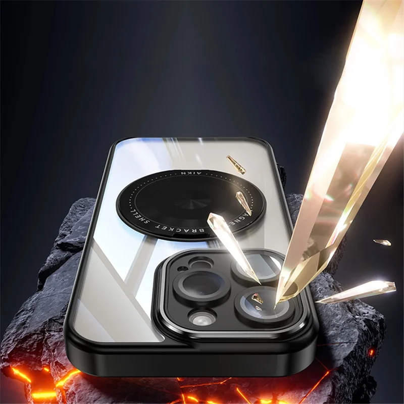 For iPhone 15 Pro Max Magnetic Case PC+TPU Phone Cover Rotating Metal Kicktand, Lens Protector - Blue