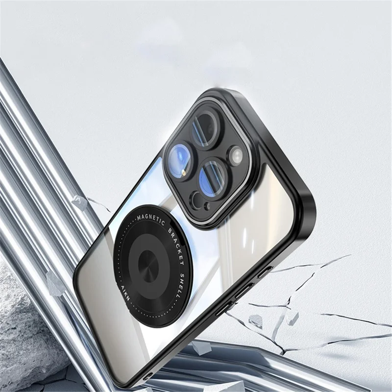 For iPhone 15 Pro Max Magnetic Case PC+TPU Phone Cover Rotating Metal Kicktand, Lens Protector - Blue