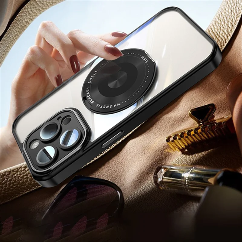 For iPhone 15 Pro Max Magnetic Case PC+TPU Phone Cover Rotating Metal Kicktand, Lens Protector - Blue