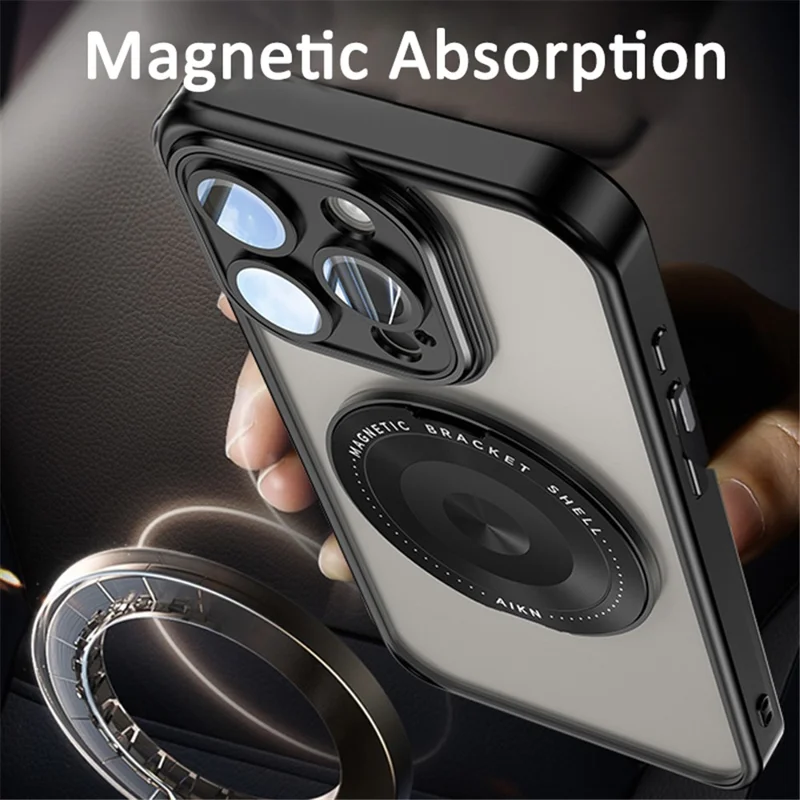For iPhone 15 Pro Max Magnetic Case PC+TPU Phone Cover Rotating Metal Kicktand, Lens Protector - Blue