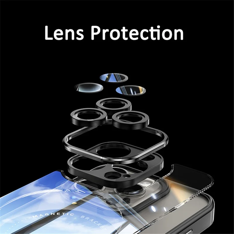 For iPhone 15 Pro Max Magnetic Case PC+TPU Phone Cover Rotating Metal Kicktand, Lens Protector - Blue