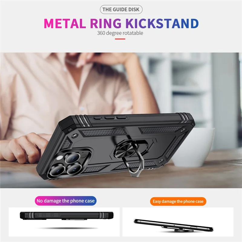 For iPhone 16 Pro Max Case PC+TPU Kickstand Anti-Drop Phone Cover - Black