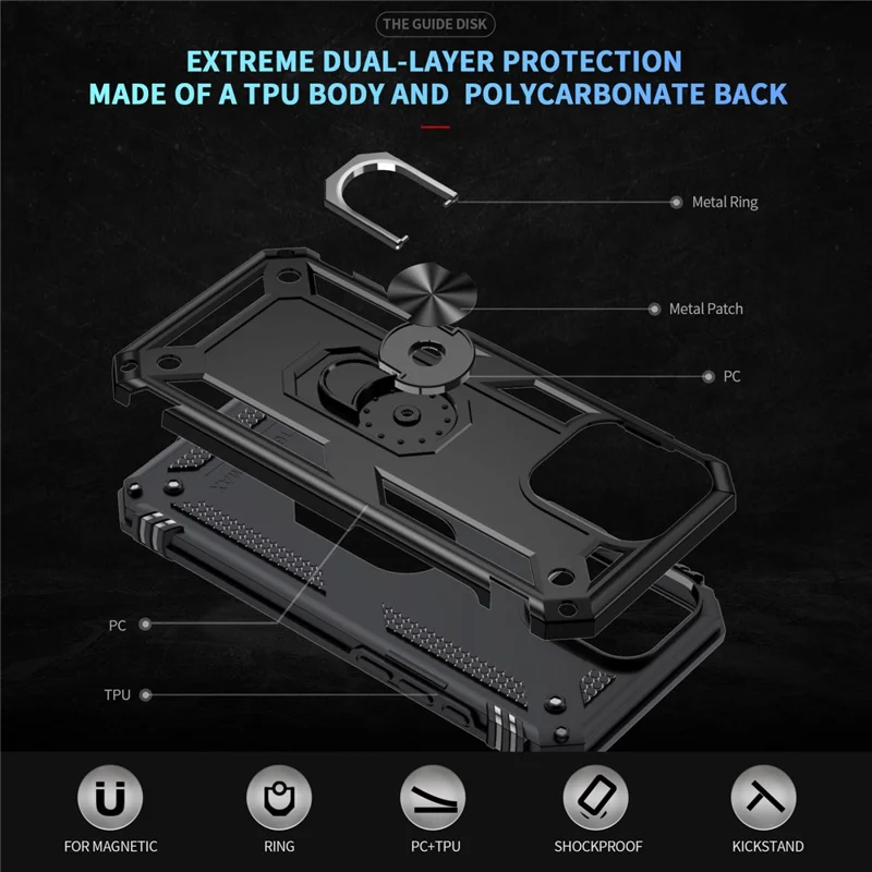 For iPhone 16 Pro Max Case PC+TPU Kickstand Anti-Drop Phone Cover - Black