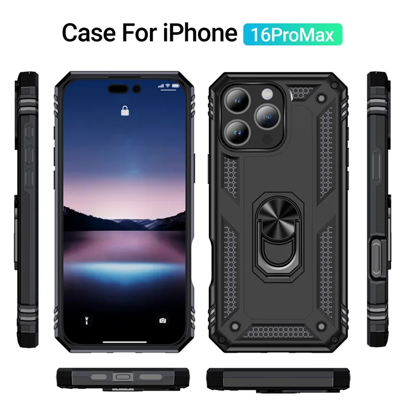 For iPhone 16 Pro Max Case PC+TPU Kickstand Anti-Drop Phone Cover - Black