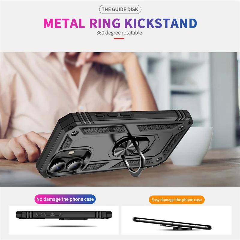 For iPhone 16 Plus Case PC+TPU Dual Layer Protection Kickstand Phone Cover - Black