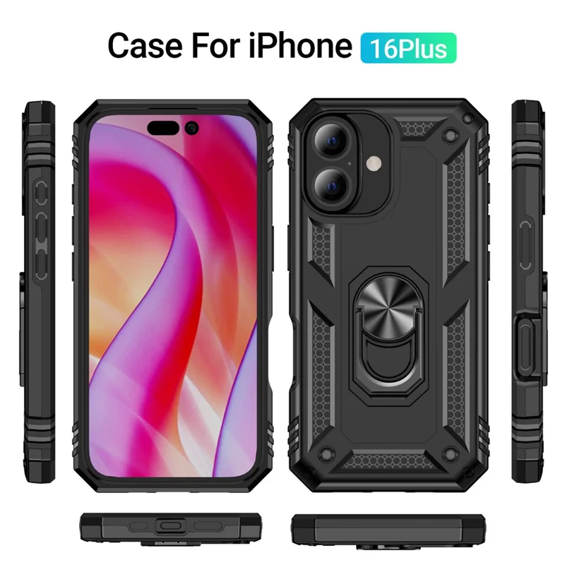 For iPhone 16 Plus Case PC+TPU Dual Layer Protection Kickstand Phone Cover - Black