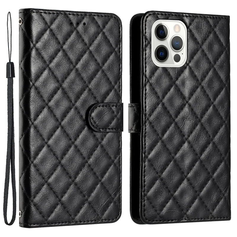 For iPhone 16 Pro Max Case Classic Rhombus Pattern Leather Phone Cover - Black