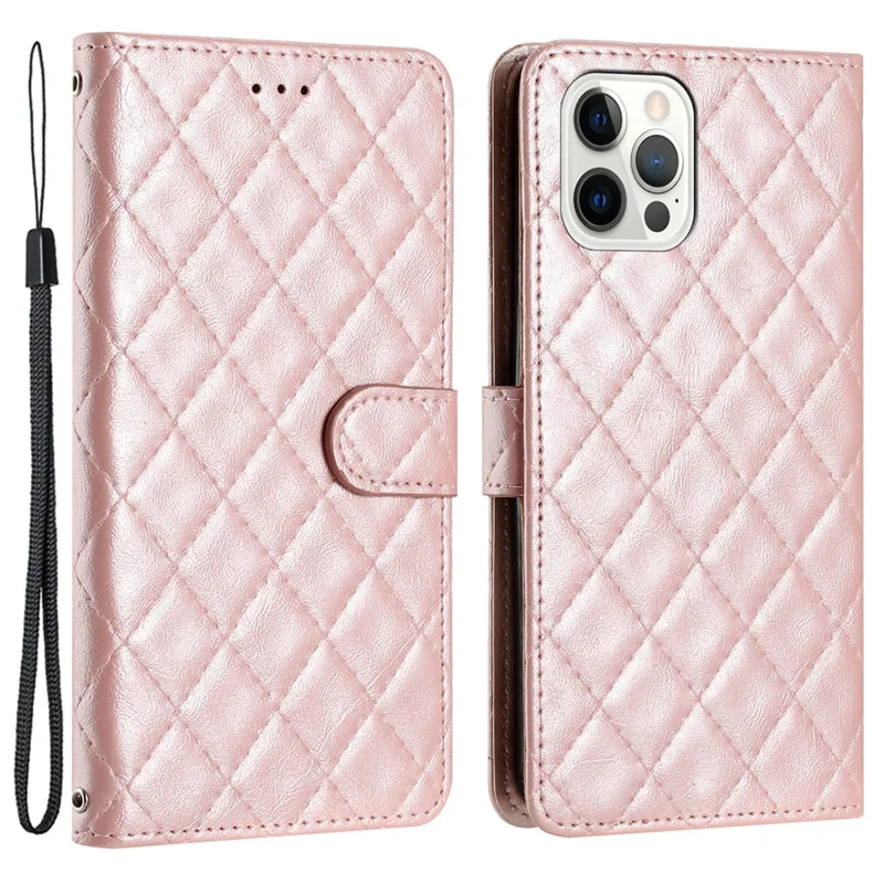 For iPhone 16 Pro Max Case Classic Rhombus Pattern Leather Phone Cover - Rose Gold