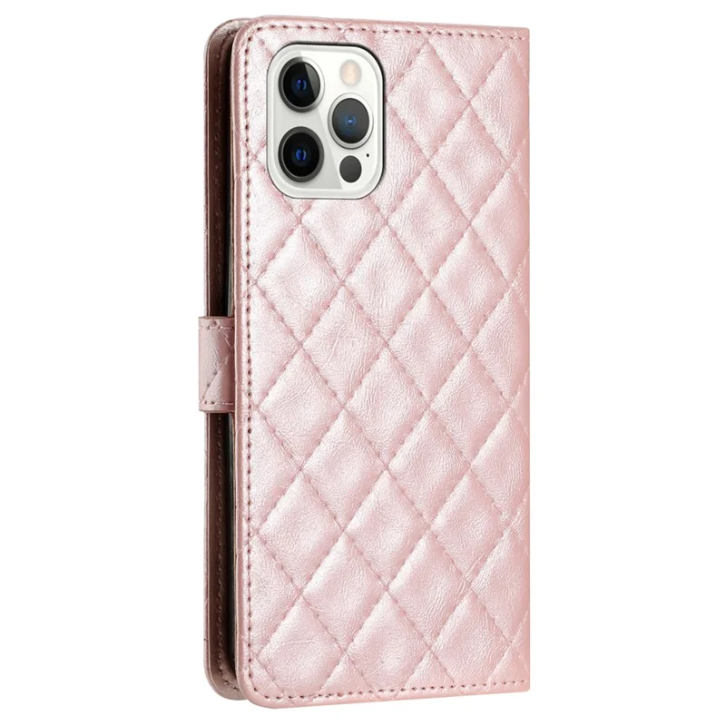 For iPhone 16 Pro Max Case Classic Rhombus Pattern Leather Phone Cover - Rose Gold