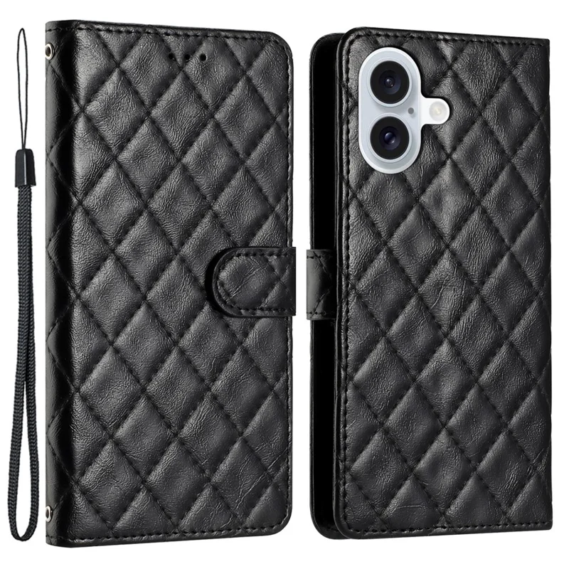Capa para iPhone 16 Rhombus Flip Folio Leather Cell Phone Cover - Preto