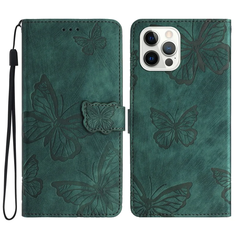 For iPhone 16 Pro Case Wallet Butterfly PU Leather Phone Cover Stand Card Holder - Green