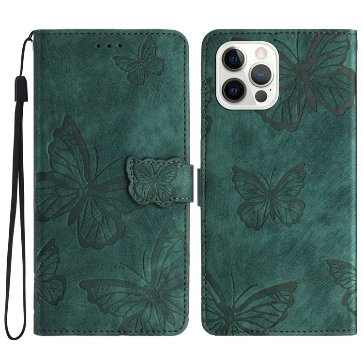 Para iPhone 16 Pro Max Capa Impresso Borboleta Couro PU Flip Phone Cover Skin-Touch - Verde