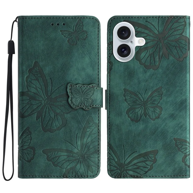 Für iPhone 16 Case PU Leder Haut Feeling Butterfly Wallet Phone Cover - Grün
