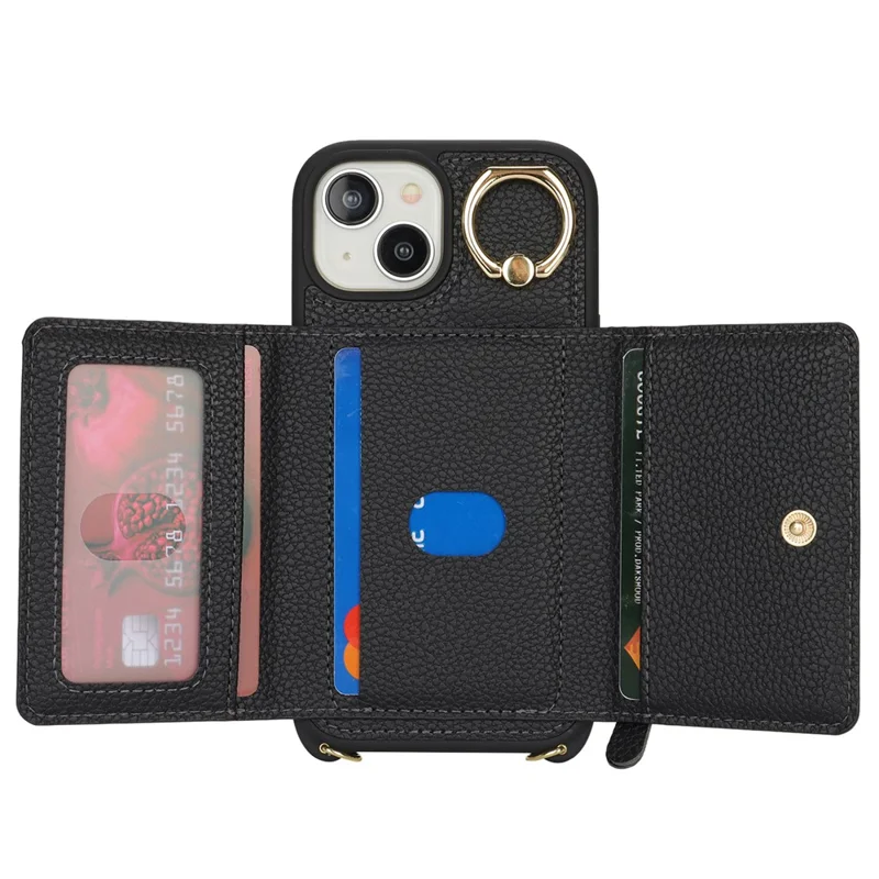 Für iPhone 15 Hülle PU-Leder+TPU Telefon-Cover mit Ring Reißverschlusstasche Kartenfach - Schwarz