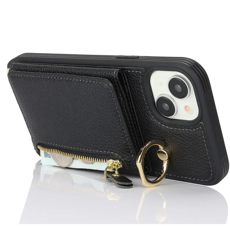 Für iPhone 15 Hülle PU-Leder+TPU Telefon-Cover mit Ring Reißverschlusstasche Kartenfach - Schwarz