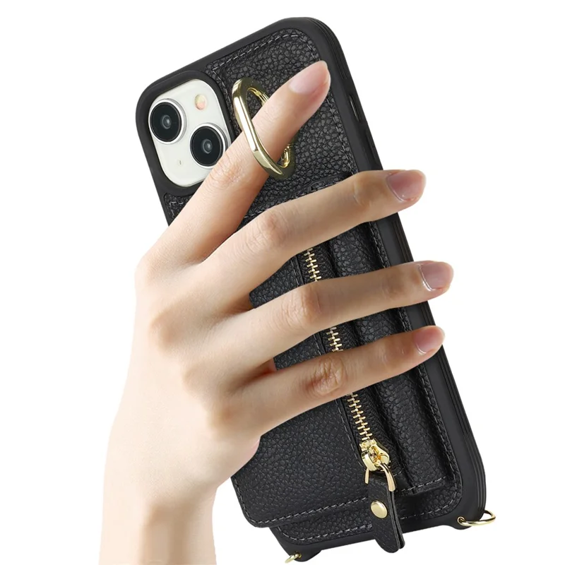 Für iPhone 15 Hülle PU-Leder+TPU Telefon-Cover mit Ring Reißverschlusstasche Kartenfach - Schwarz