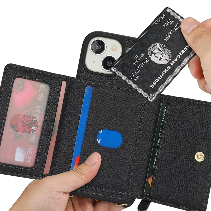 Für iPhone 15 Hülle PU-Leder+TPU Telefon-Cover mit Ring Reißverschlusstasche Kartenfach - Schwarz
