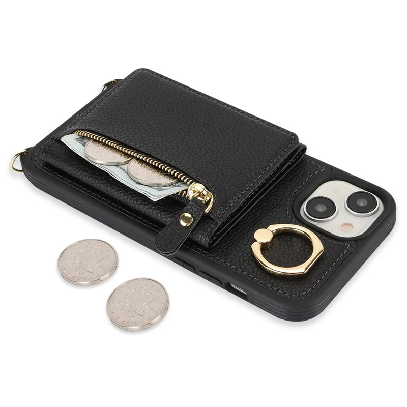 Für iPhone 15 Hülle PU-Leder+TPU Telefon-Cover mit Ring Reißverschlusstasche Kartenfach - Schwarz