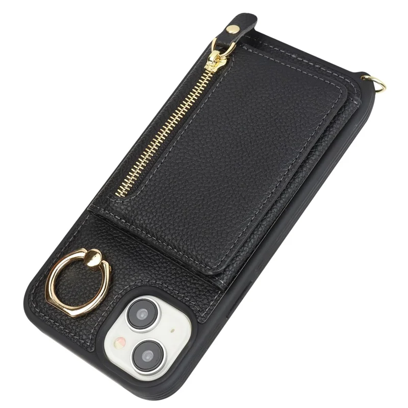 Für iPhone 15 Hülle PU-Leder+TPU Telefon-Cover mit Ring Reißverschlusstasche Kartenfach - Schwarz