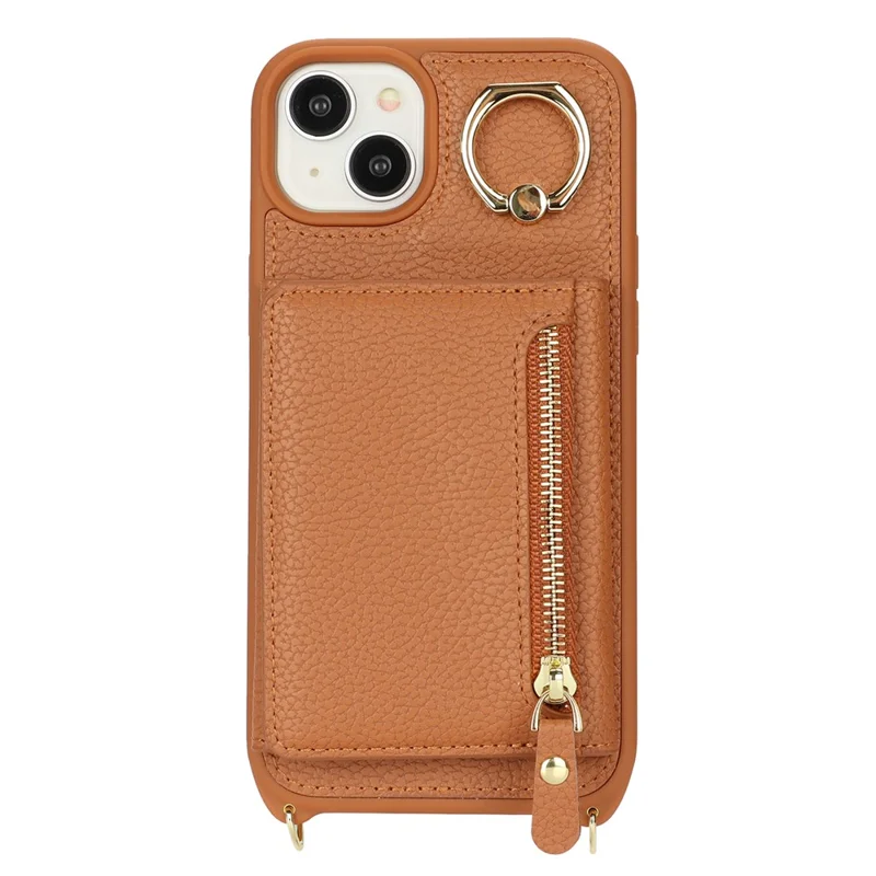 Pour iPhone 15 Plus / 14 Plus, étui à carte, cuir PU + coque TPU avec support anneau - Marron
