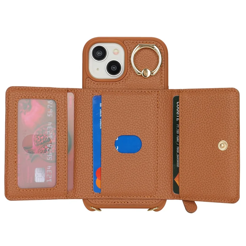 Pour iPhone 15 Plus / 14 Plus, étui à carte, cuir PU + coque TPU avec support anneau - Marron