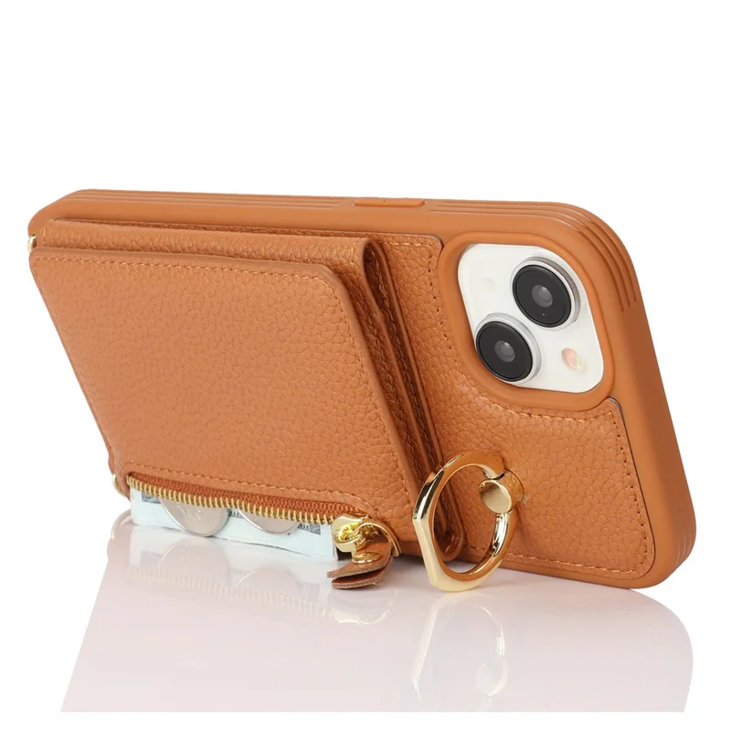 Pour iPhone 15 Plus / 14 Plus, étui à carte, cuir PU + coque TPU avec support anneau - Marron