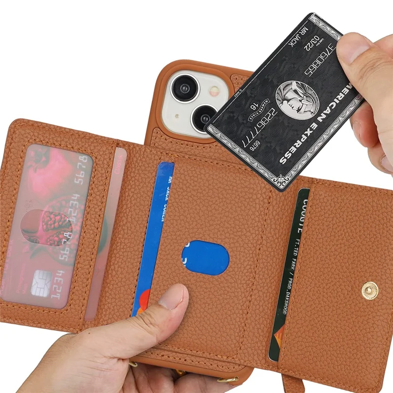 Pour iPhone 15 Plus / 14 Plus, étui à carte, cuir PU + coque TPU avec support anneau - Marron