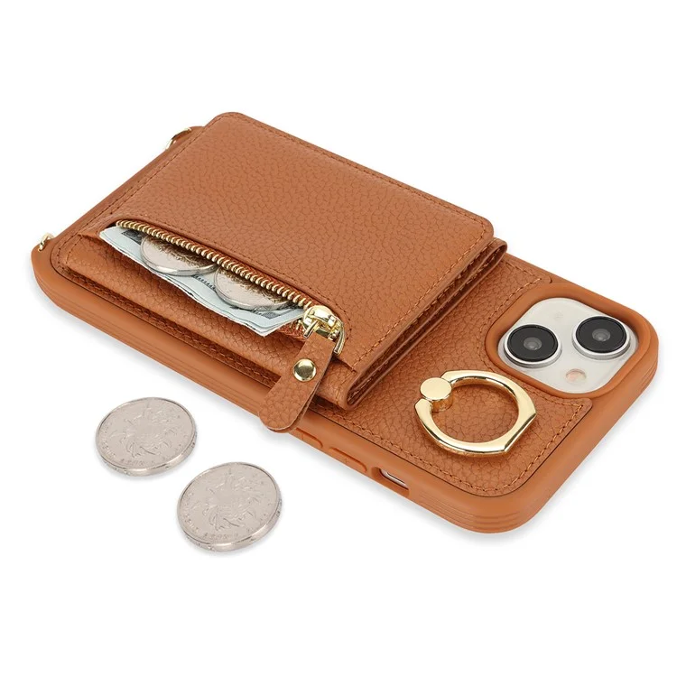 Pour iPhone 15 Plus / 14 Plus, étui à carte, cuir PU + coque TPU avec support anneau - Marron