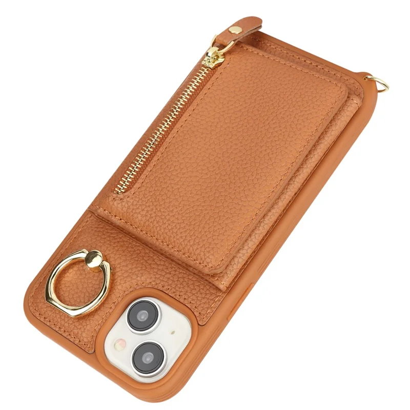Pour iPhone 15 Plus / 14 Plus, étui à carte, cuir PU + coque TPU avec support anneau - Marron