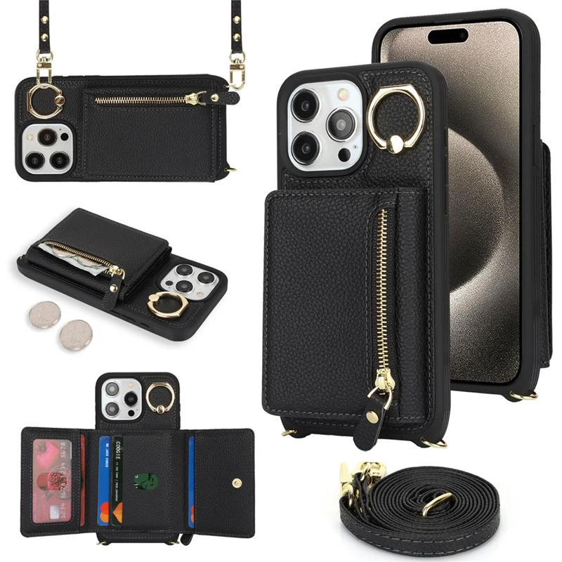 For iPhone 15 Pro Max Case Card Bag PU Leather+TPU Ring Kickstand Phone Cover with Long Strap - Black