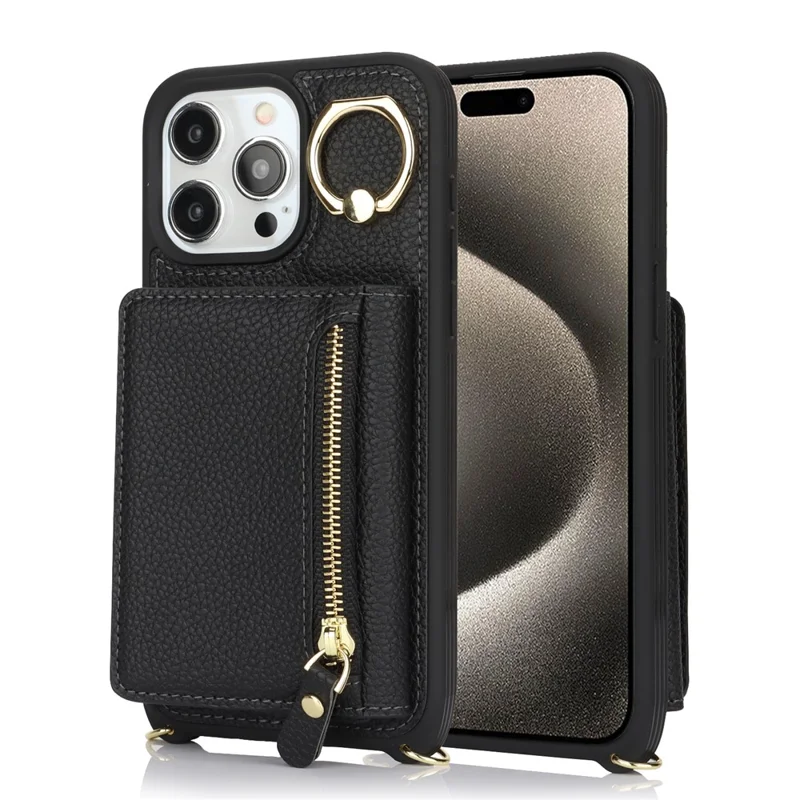 For iPhone 15 Pro Max Case Card Bag PU Leather+TPU Ring Kickstand Phone Cover with Long Strap - Black