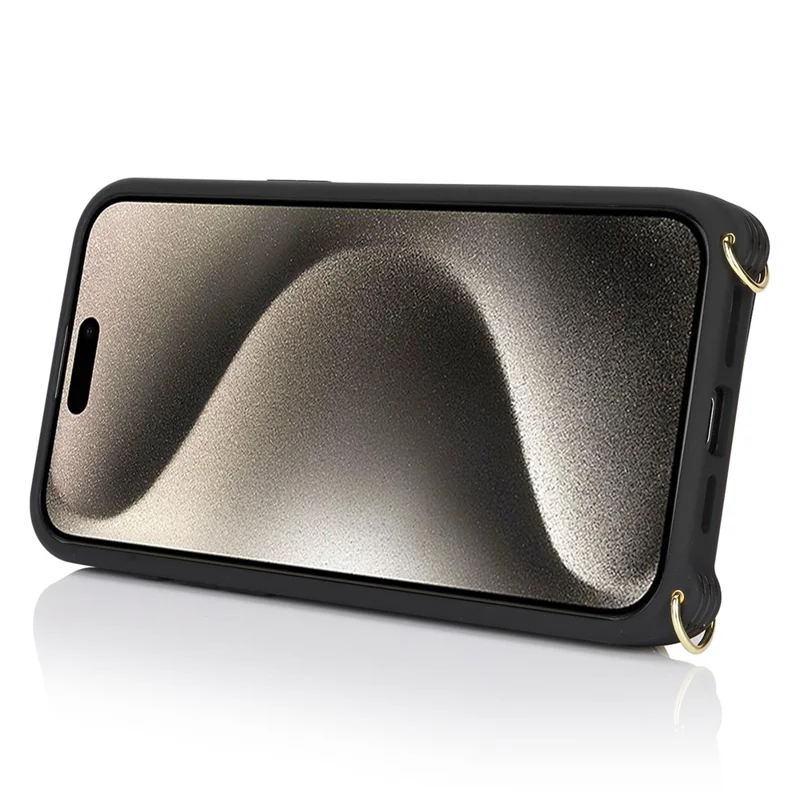 For iPhone 15 Pro Max Case Card Bag PU Leather+TPU Ring Kickstand Phone Cover with Long Strap - Black