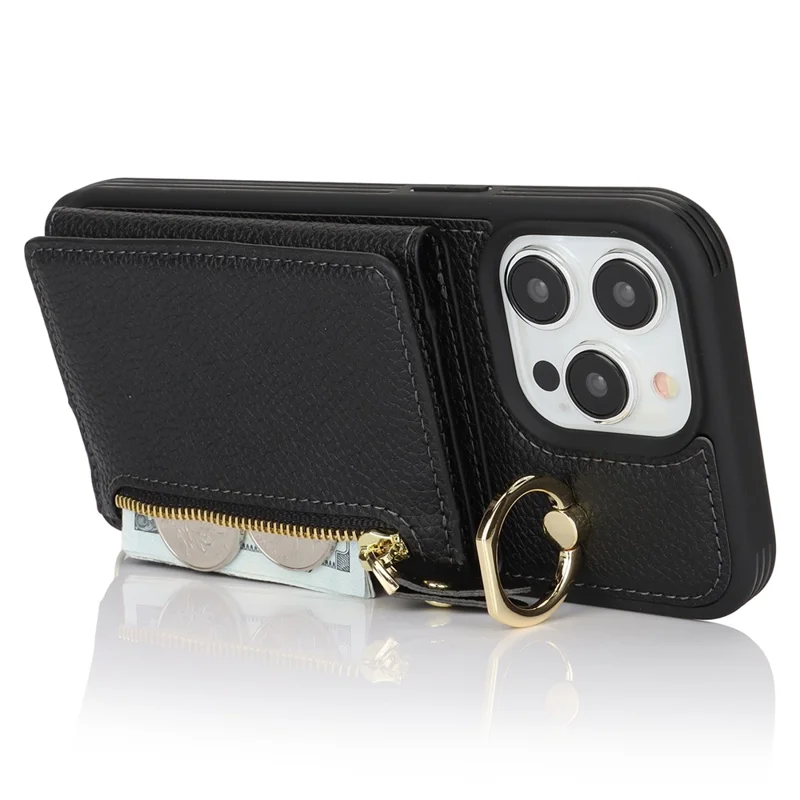 For iPhone 15 Pro Max Case Card Bag PU Leather+TPU Ring Kickstand Phone Cover with Long Strap - Black