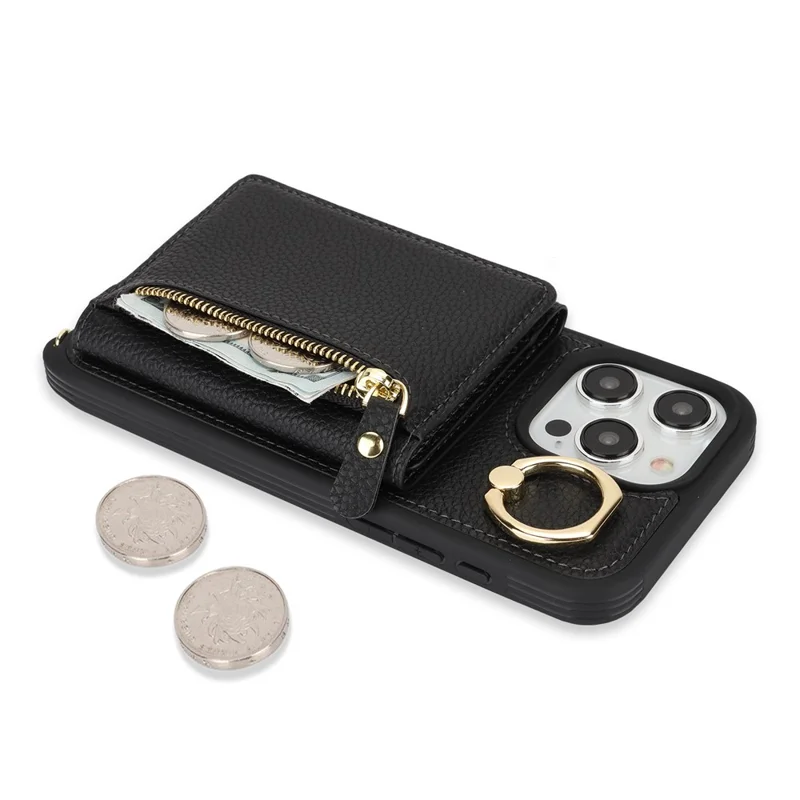 For iPhone 15 Pro Max Case Card Bag PU Leather+TPU Ring Kickstand Phone Cover with Long Strap - Black